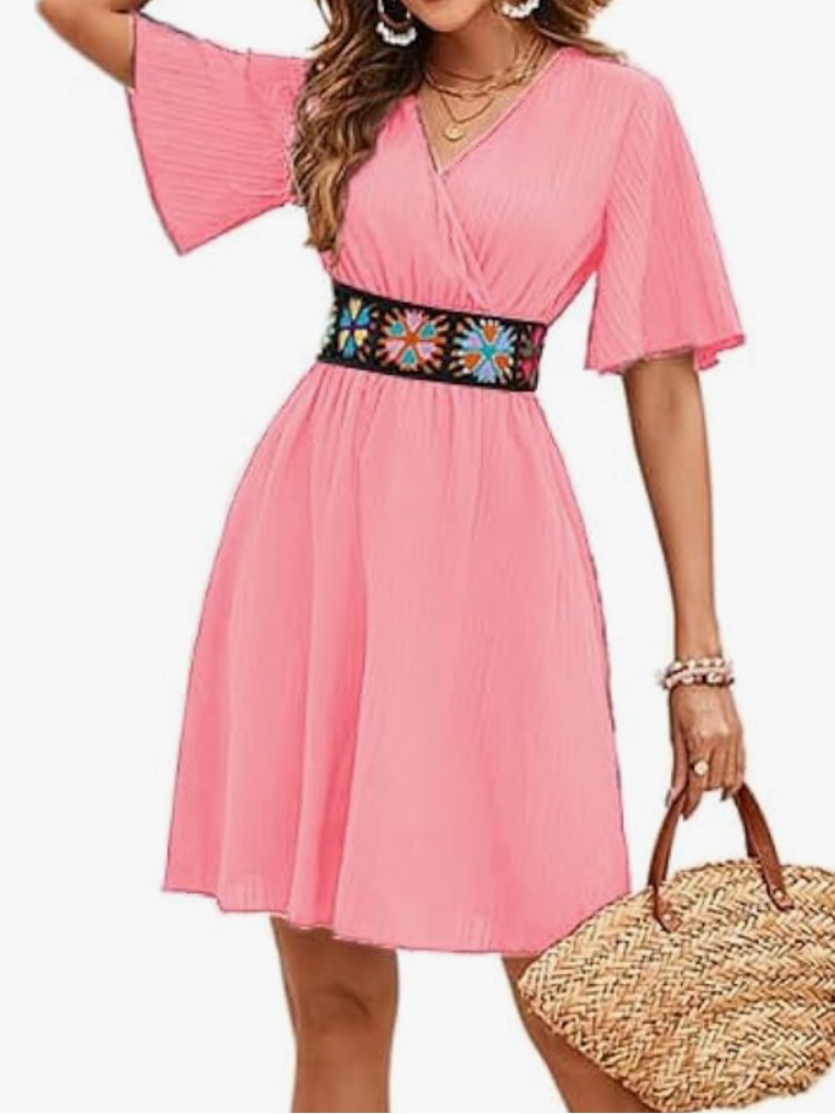 Pink V-Neck Flutter Sleeve Dress With Embroidered Waist